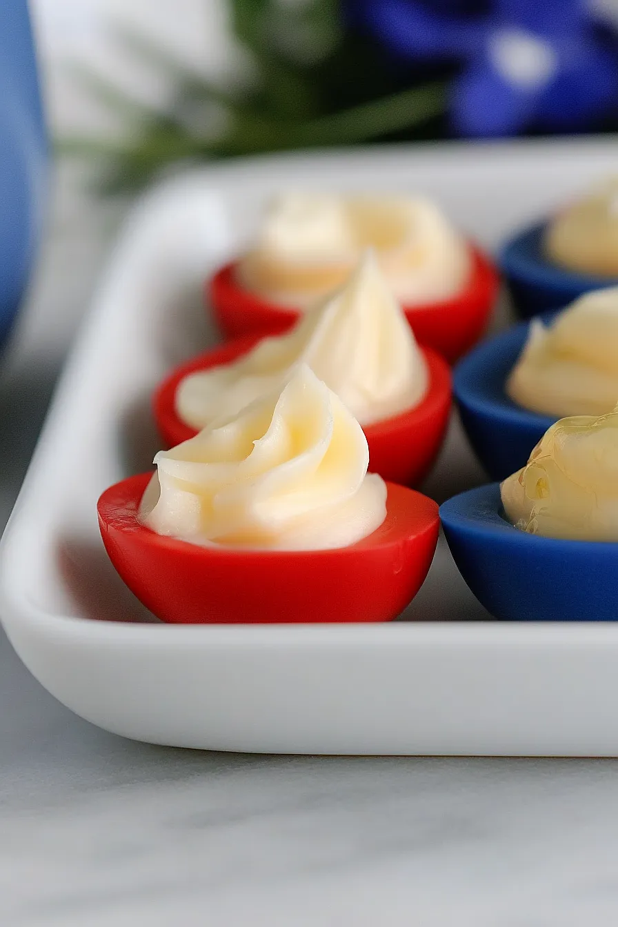Red, white, and blue deviled eggs