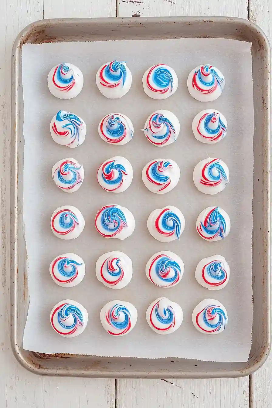 Red, white, and blue meringue cookies