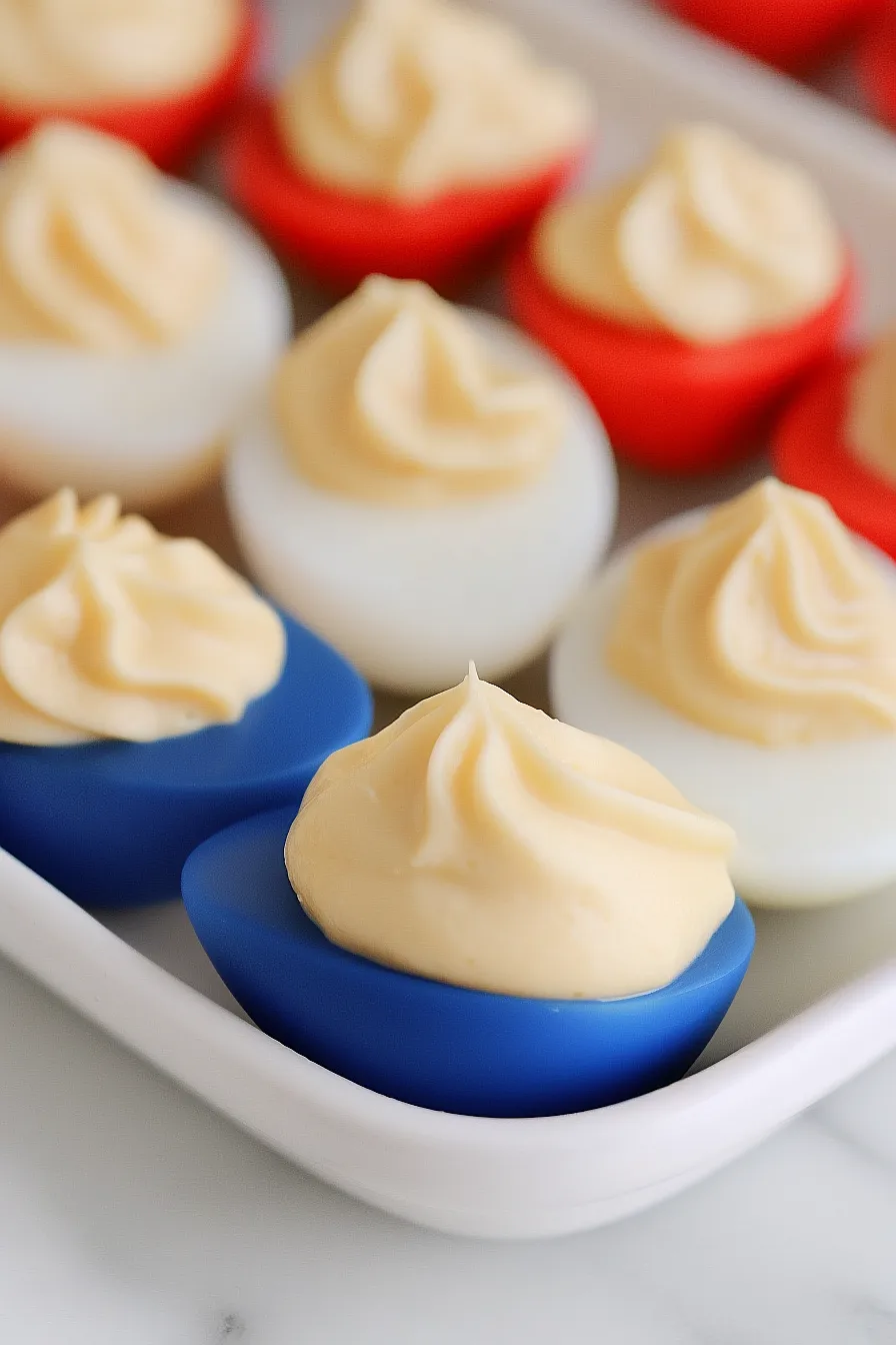 Red, white, and blue deviled eggs