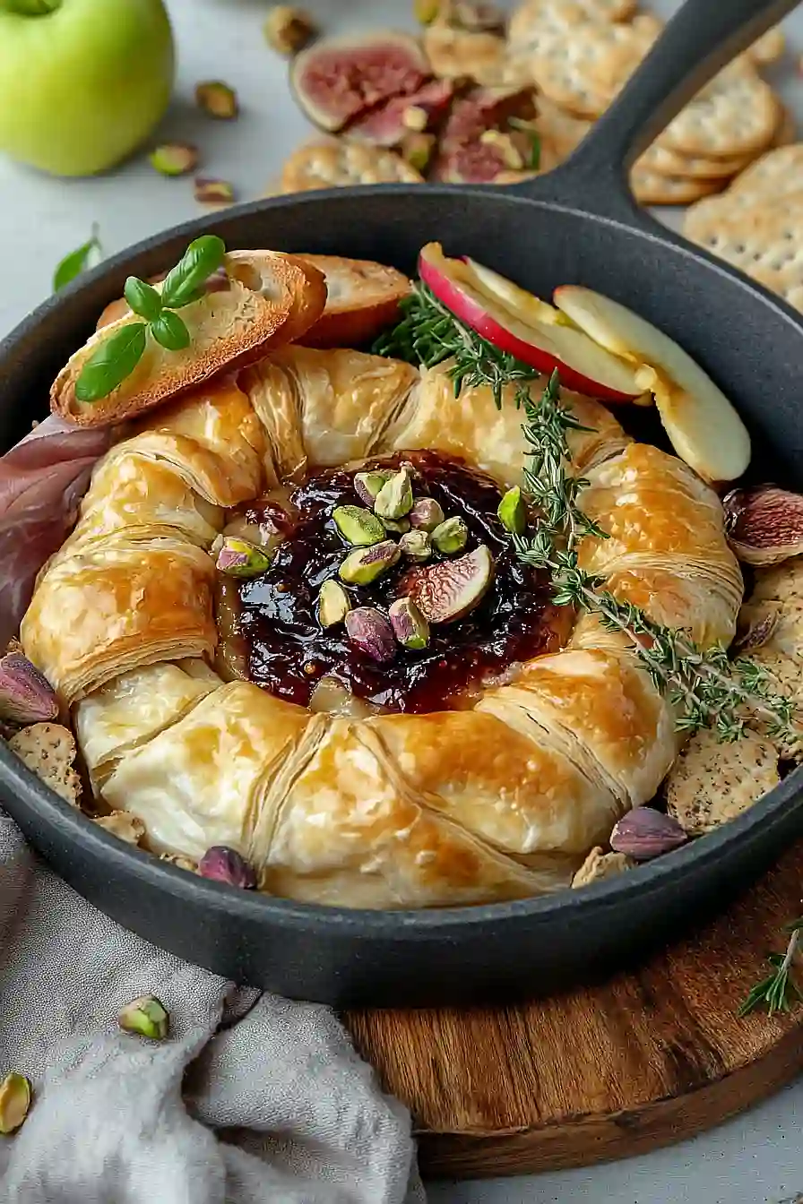 baked brie in puff pastry with fig jam and prosciutto