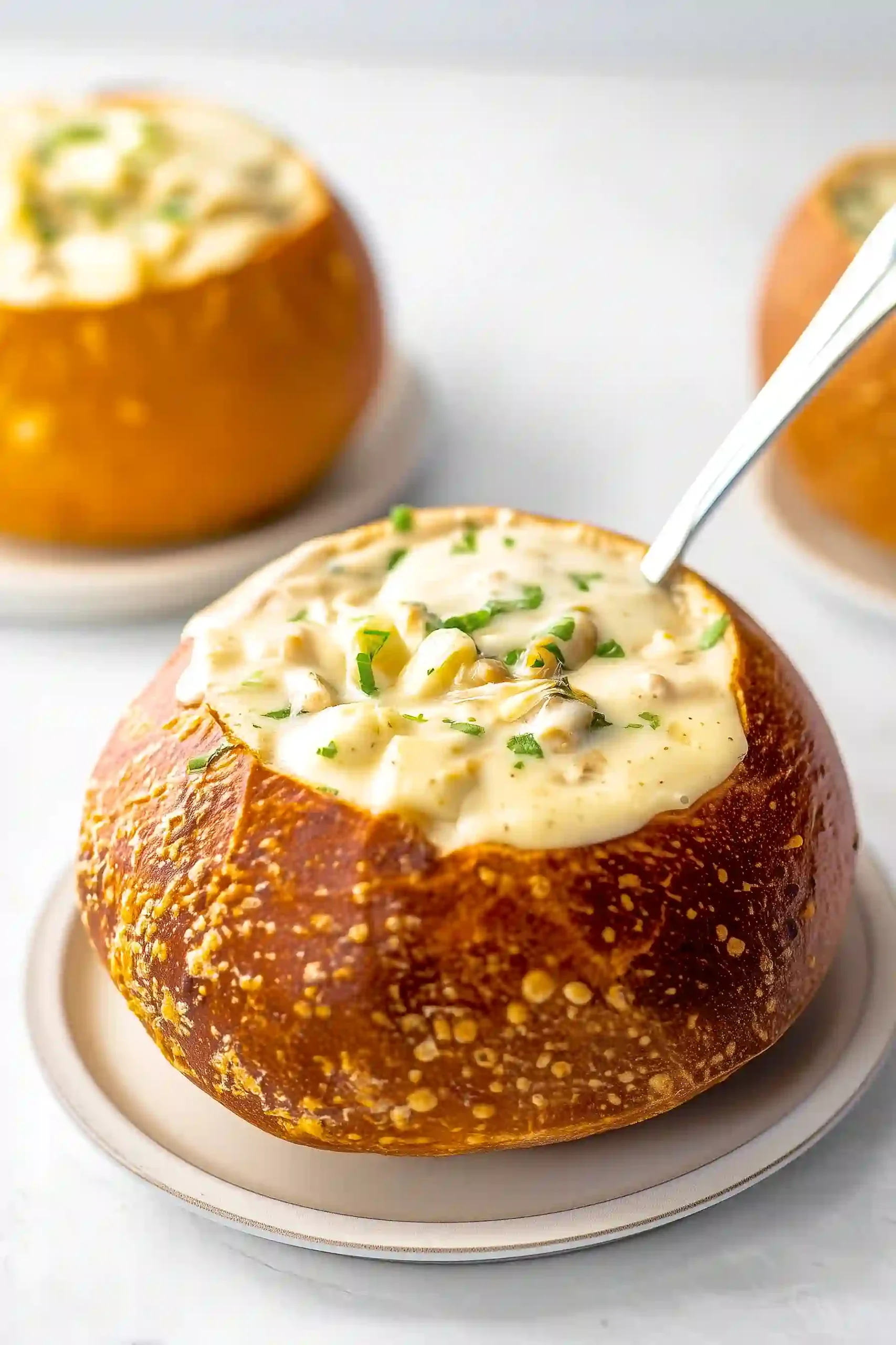 clam chowder in a bread bowl