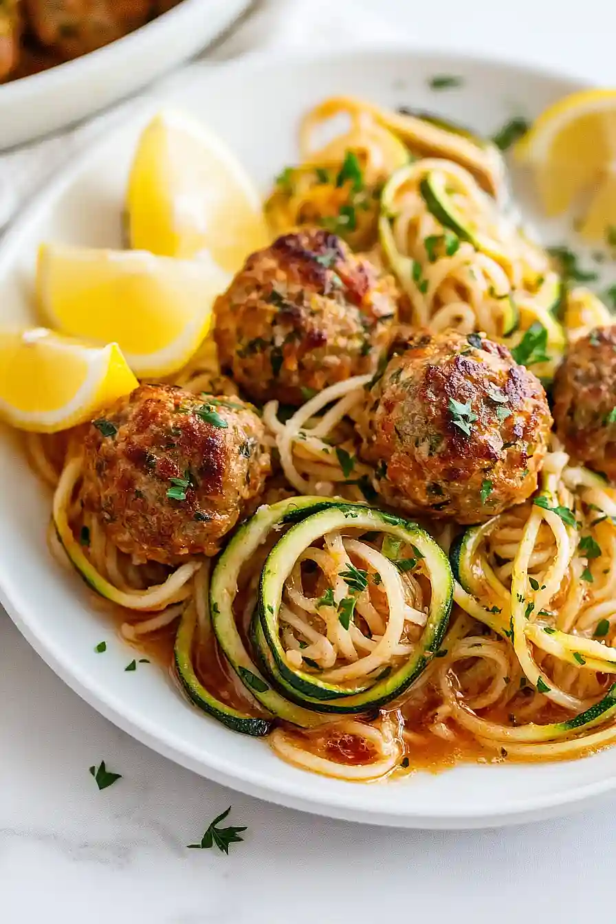 garlic butter turkey meatballs with lemon zucchini noodles