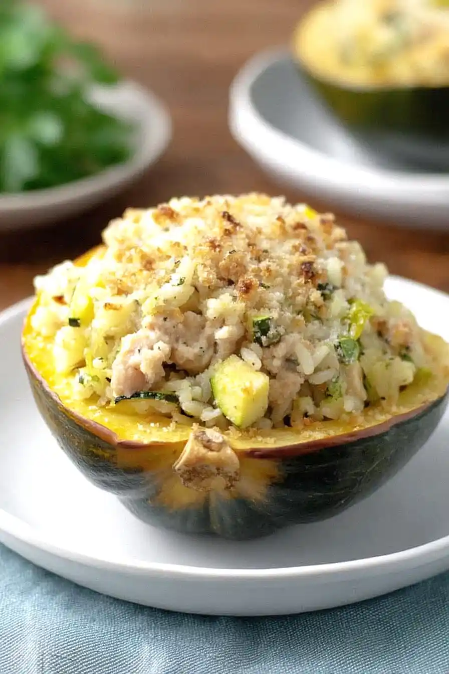 chicken and wild rice stuffed acorn squash