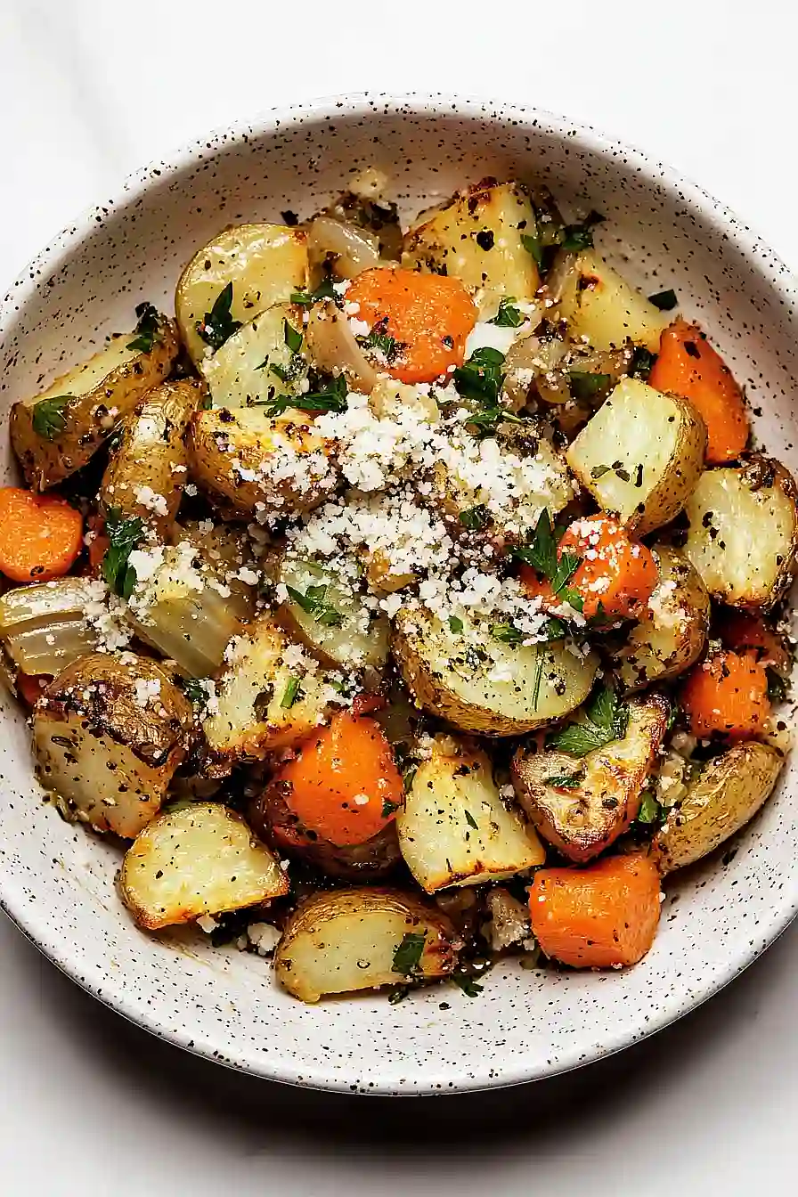 roasted potatoes and carrots with onions