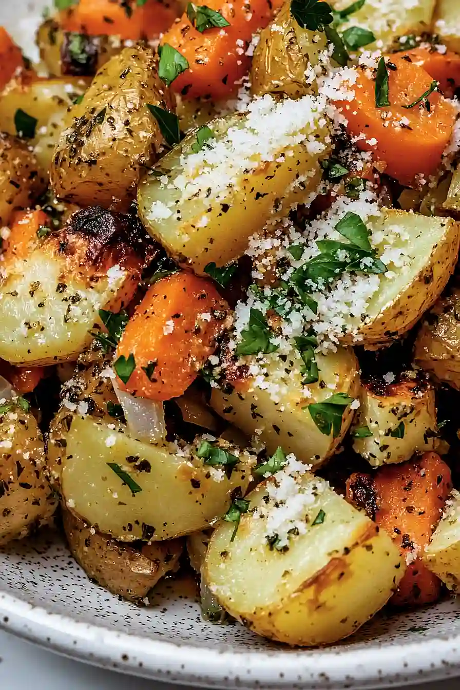 roasted potatoes and carrots with onions