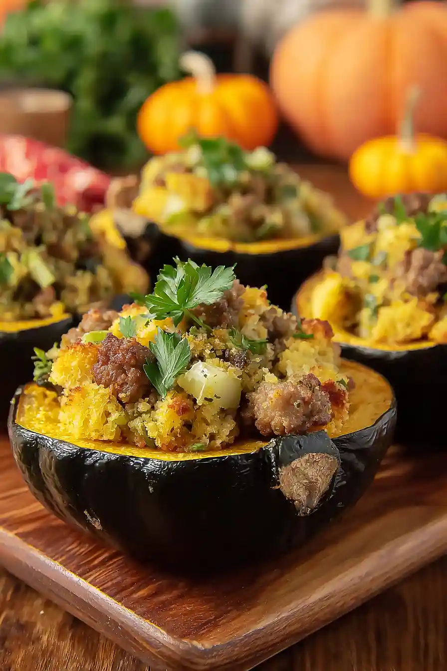 sausage stuffed acorn squash with cornbread stuffing