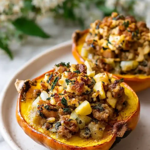 caramelized onion, apple and sausage stuffed acorn squash