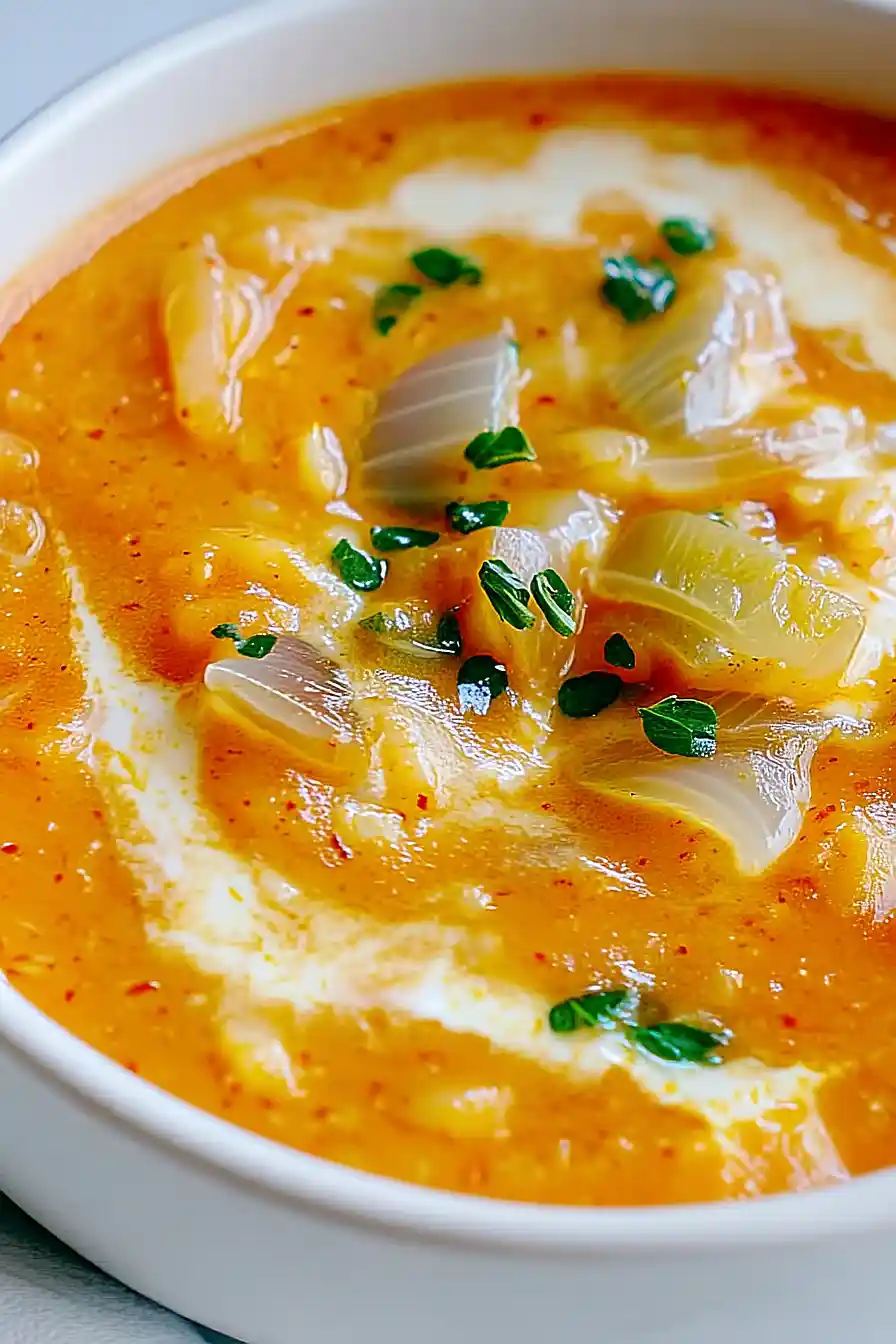 tomato rice soup with caramelized onions