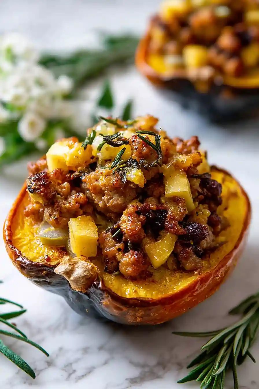 caramelized onion, apple and sausage stuffed acorn squash