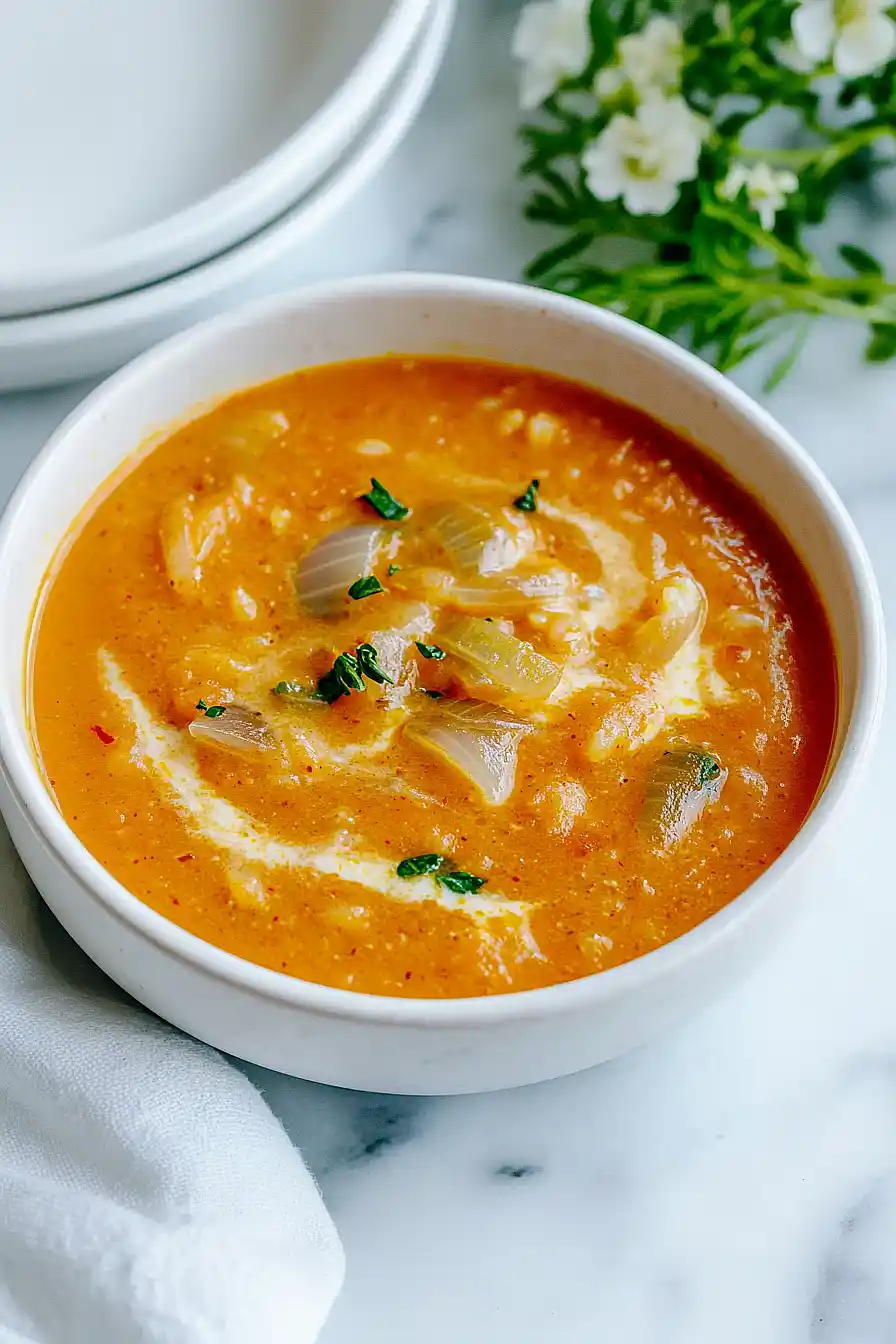 tomato rice soup with caramelized onions