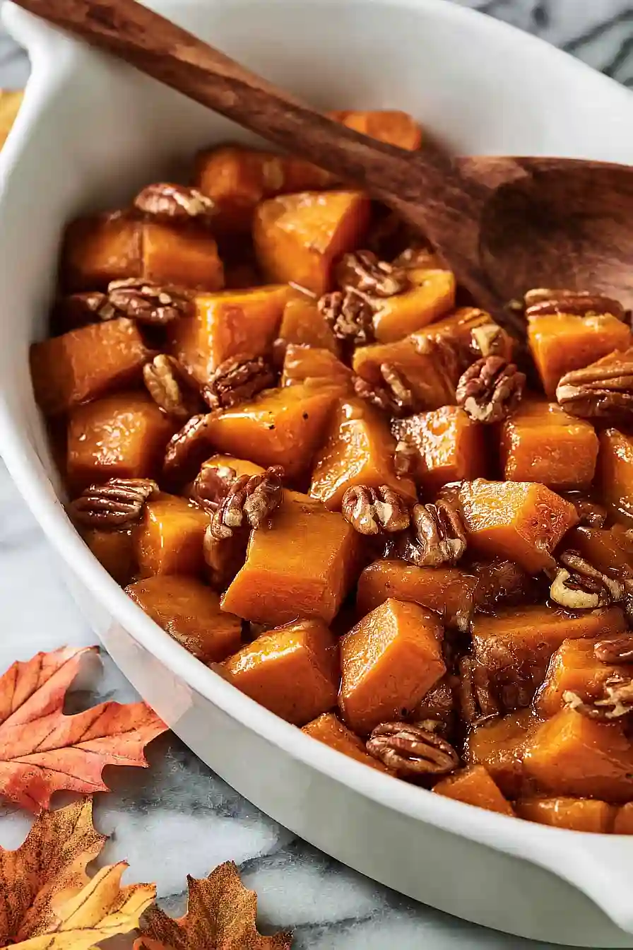 maple roasted sweet potatoes with pecans