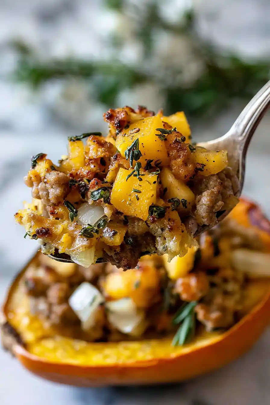 caramelized onion, apple and sausage stuffed acorn squash