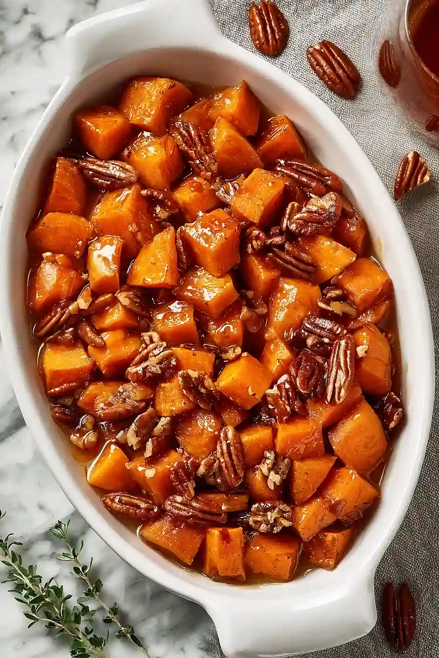 maple roasted sweet potatoes with pecans