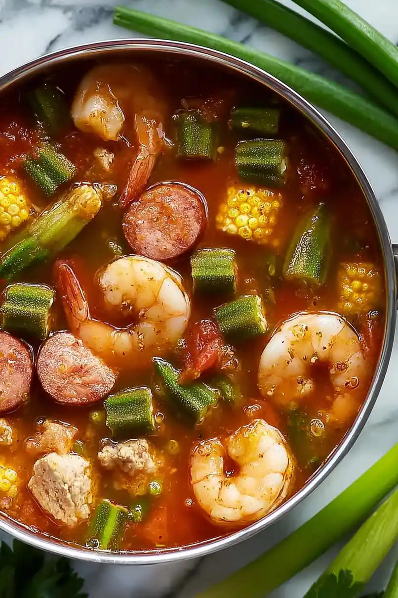Savory Okra Stew with Chicken, Sausage, and Shrimp
