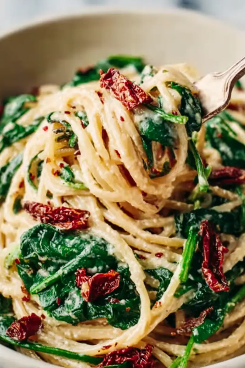 Spicy Spinach and Sun Dried Tomato Pasta