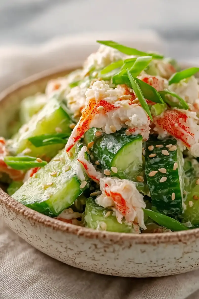 Creamy crab-stick and cucumber salad in a rustic speckled bowl, garnished with sesame seeds and green onions.