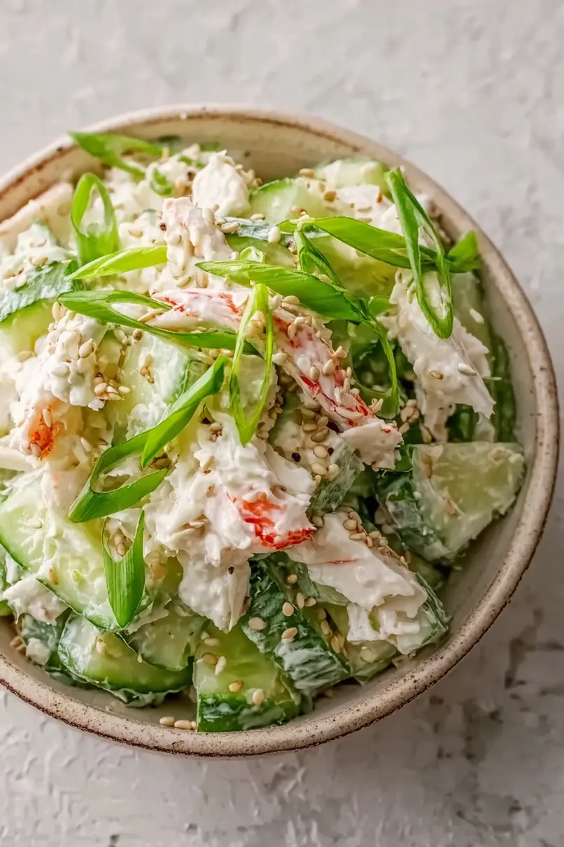 bowl of creamy cucumber and crab salad topped with sesame seeds and green onions
