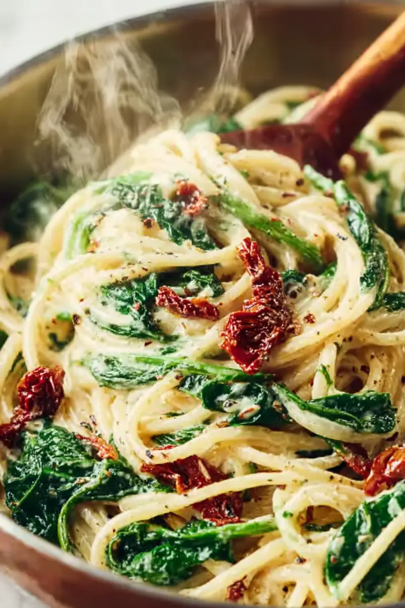 Spicy Spinach and Sun Dried Tomato Pasta