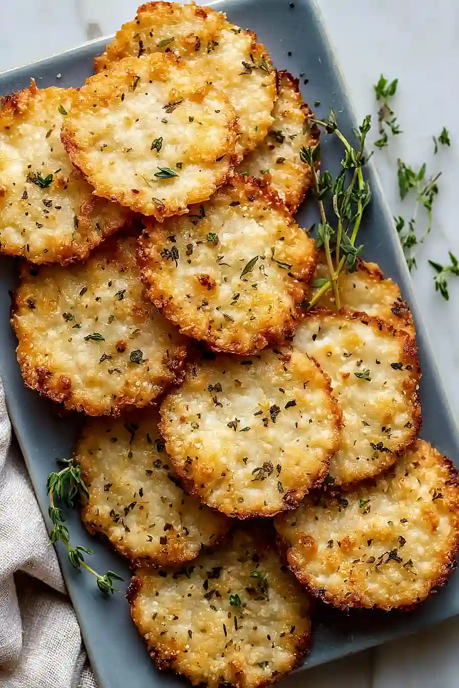 Crispy potato coins stacked on a blue plate, lightly sprinkled with thyme.