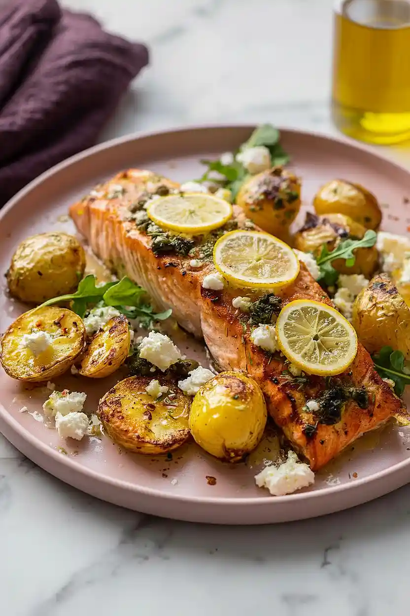 sheet pan roasted lemon garlic butter salmon with feta and olives