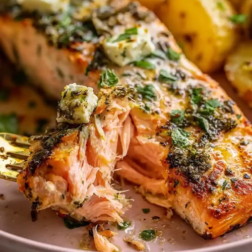 sheet pan roasted lemon garlic butter salmon with feta and olives