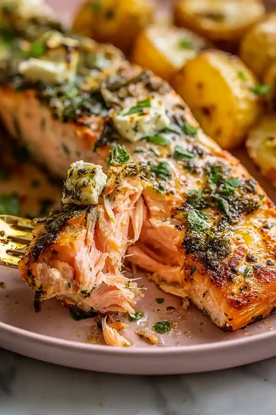 sheet pan roasted lemon garlic butter salmon with feta and olives