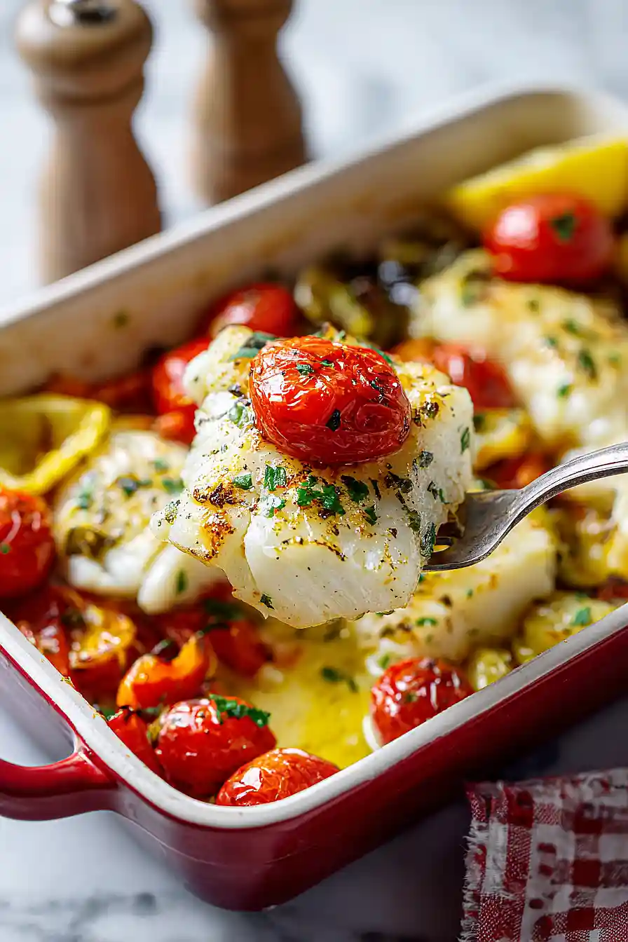 Gluten-Free Mediterranean-Style Baked Cod with Vegetables & Creamy Sauce