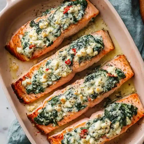 baked stuffed salmon with spinach and feta