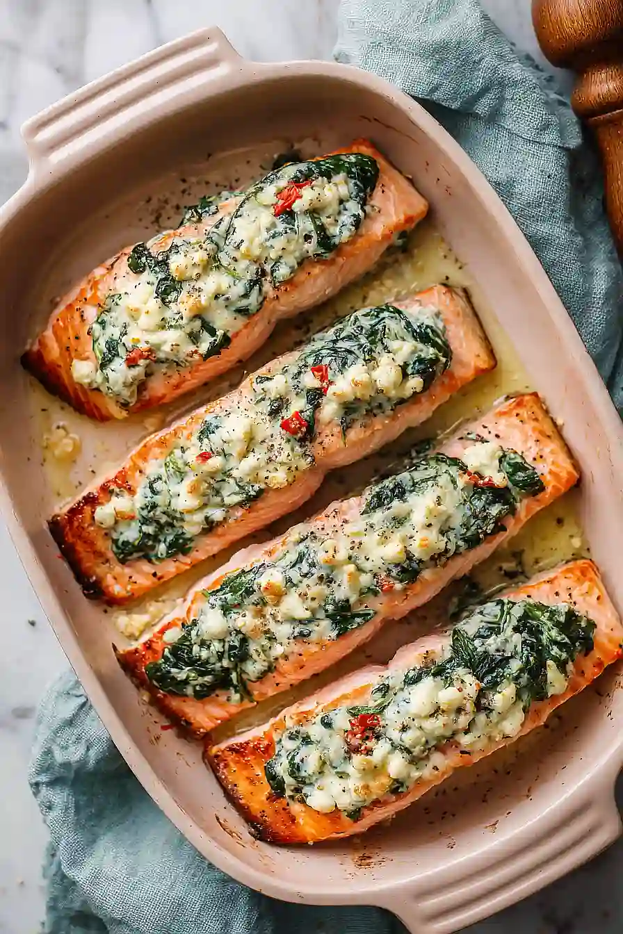 baked stuffed salmon with spinach and feta