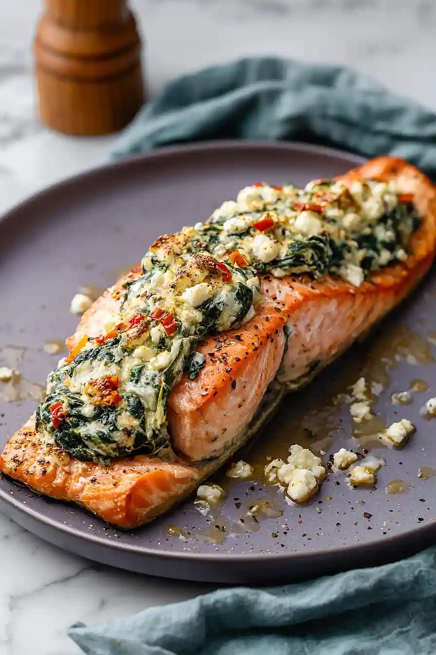 baked stuffed salmon with spinach and feta