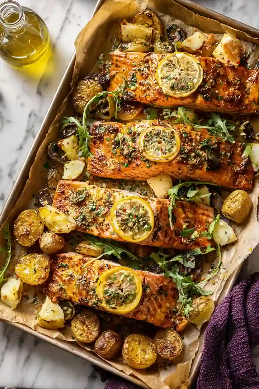 sheet pan roasted lemon garlic butter salmon with feta and olives