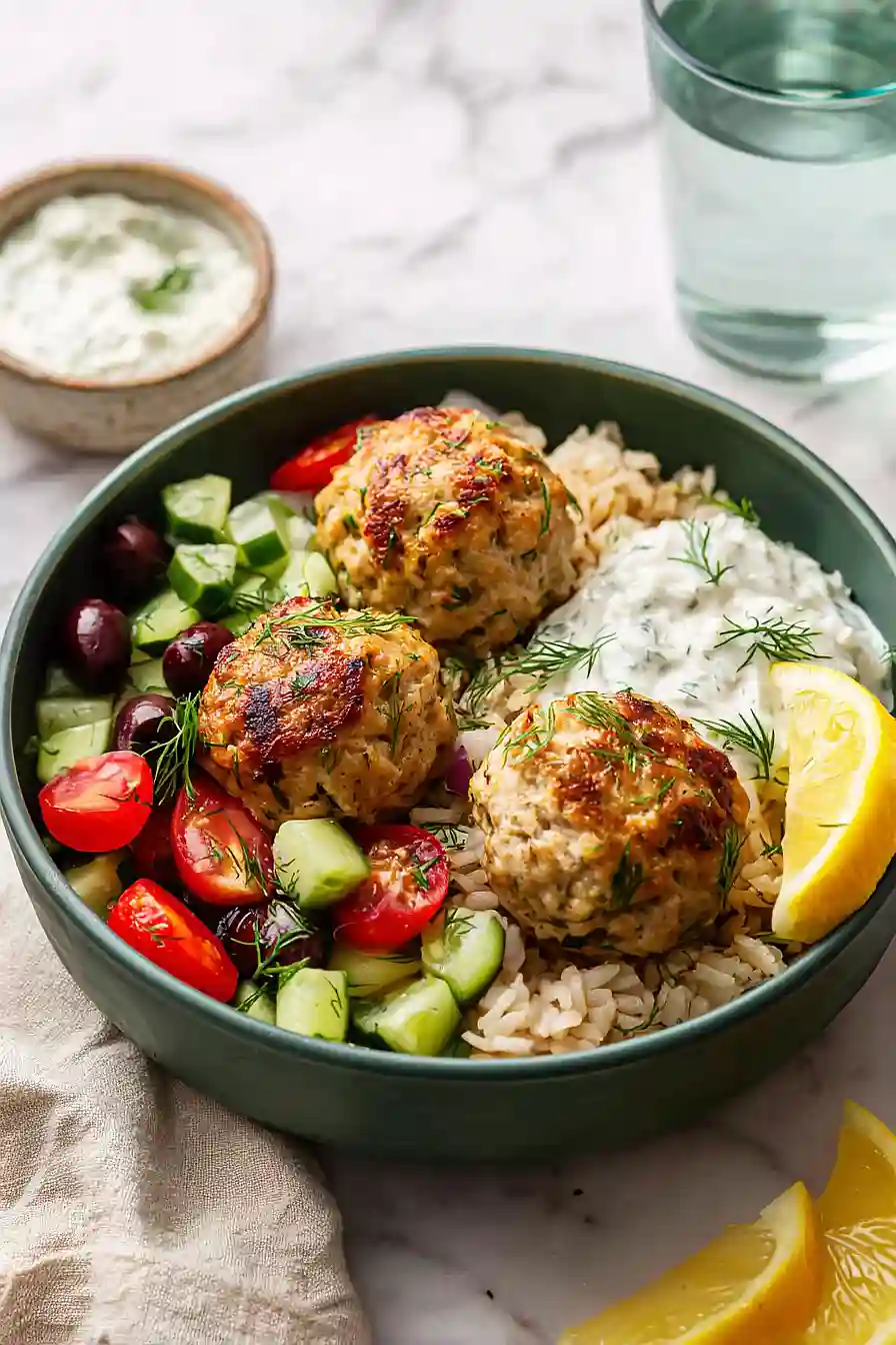 greek ground turkey meatball bowls