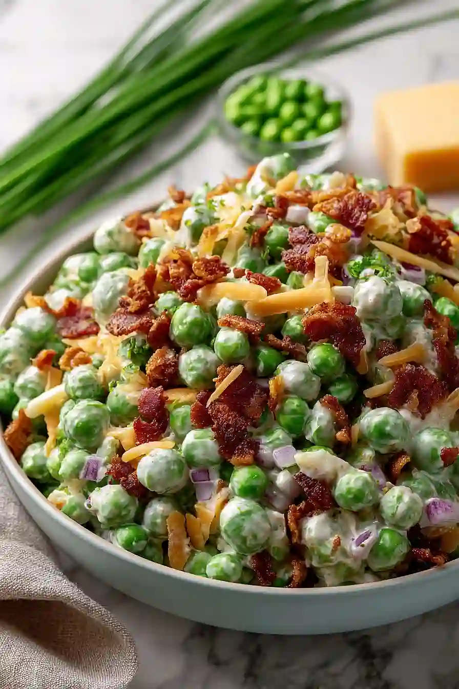 green pea salad with bacon and cheese