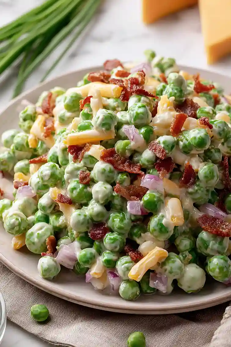 green pea salad with bacon and cheese