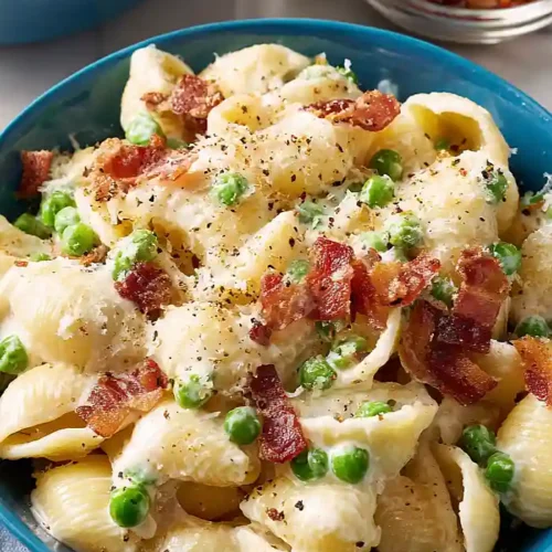 creamy pea and bacon pasta salad