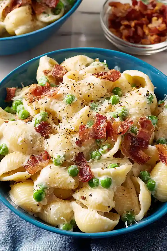 creamy pea and bacon pasta salad