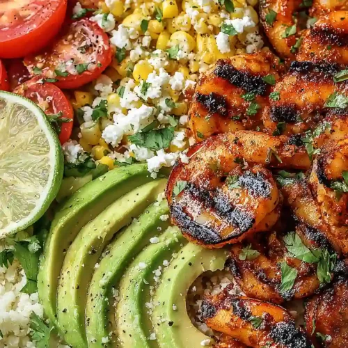 grilled shrimp bowl with avocado and corn