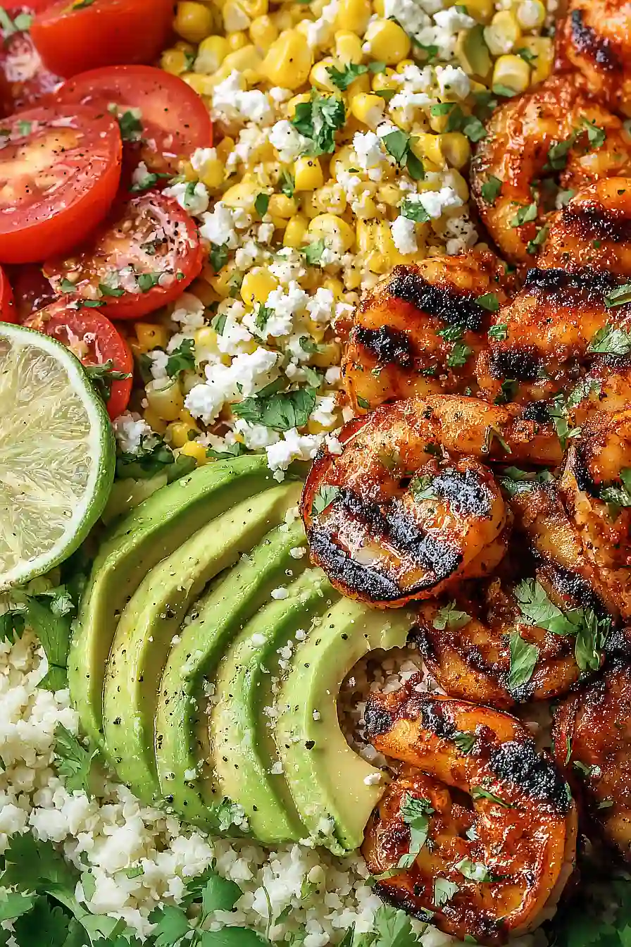 grilled shrimp bowl with avocado and corn