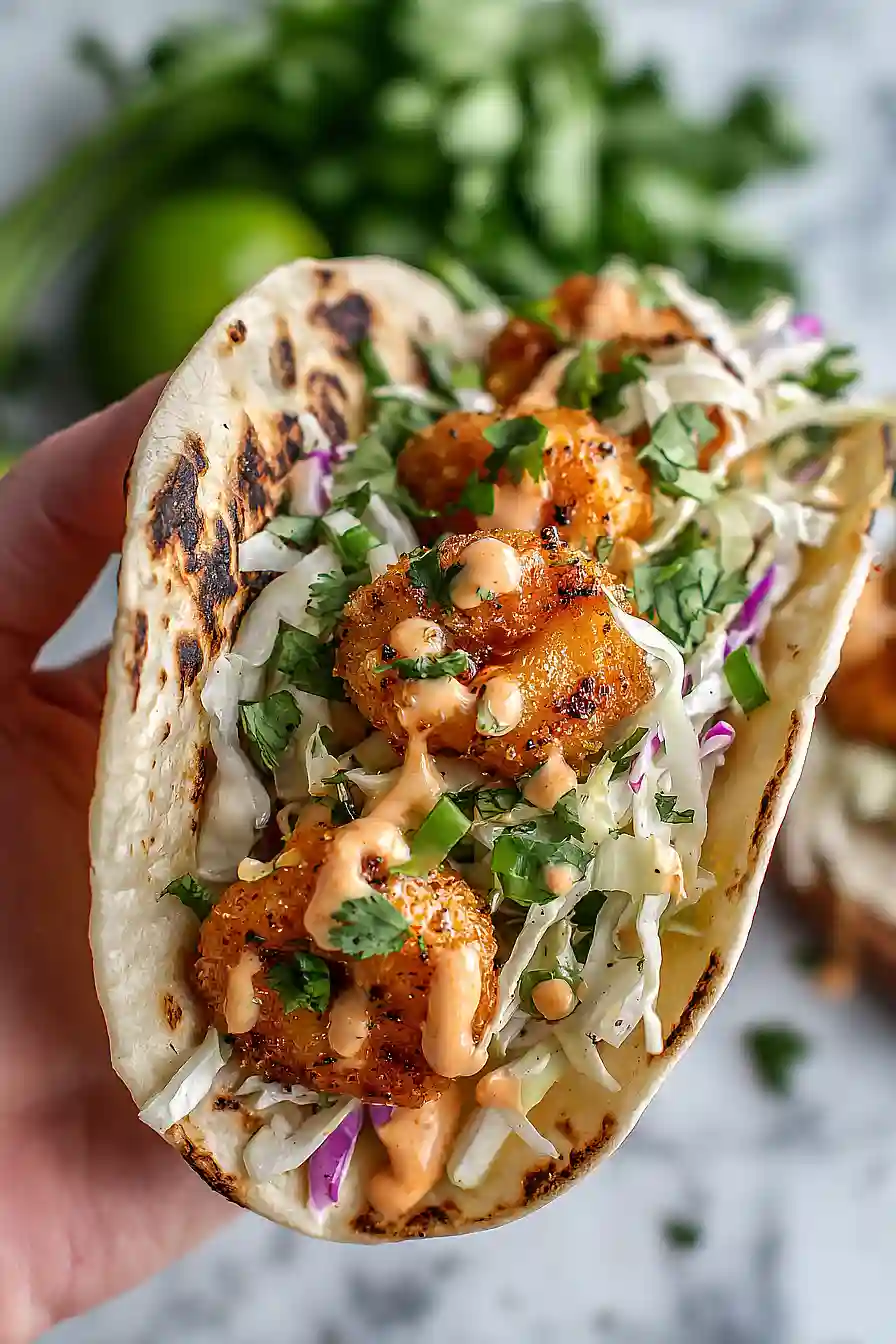 bang bang shrimp tacos with slaw
