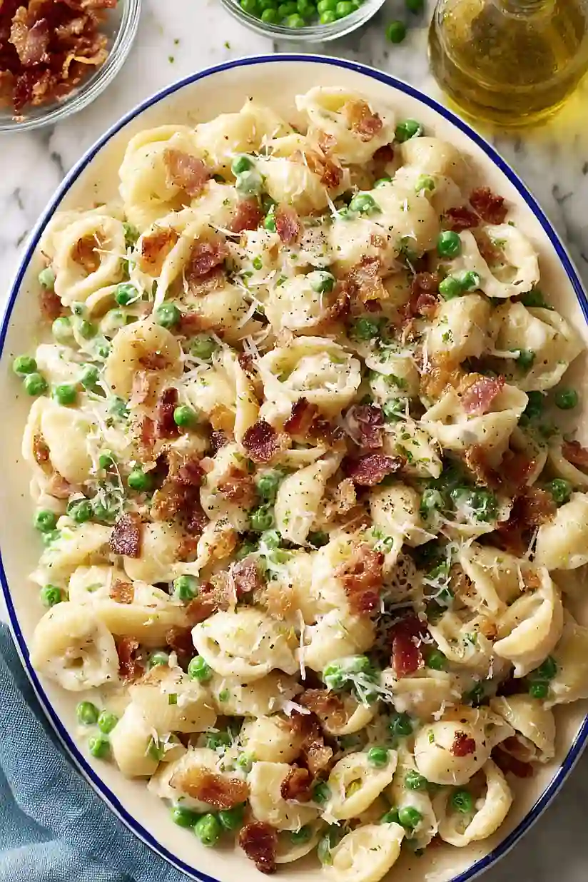 creamy pea and bacon pasta salad