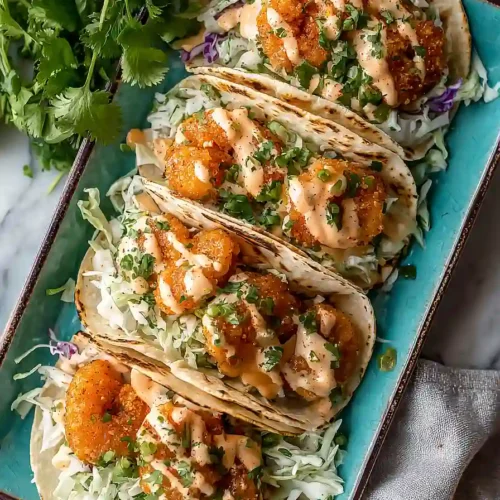 bang bang shrimp tacos with slaw